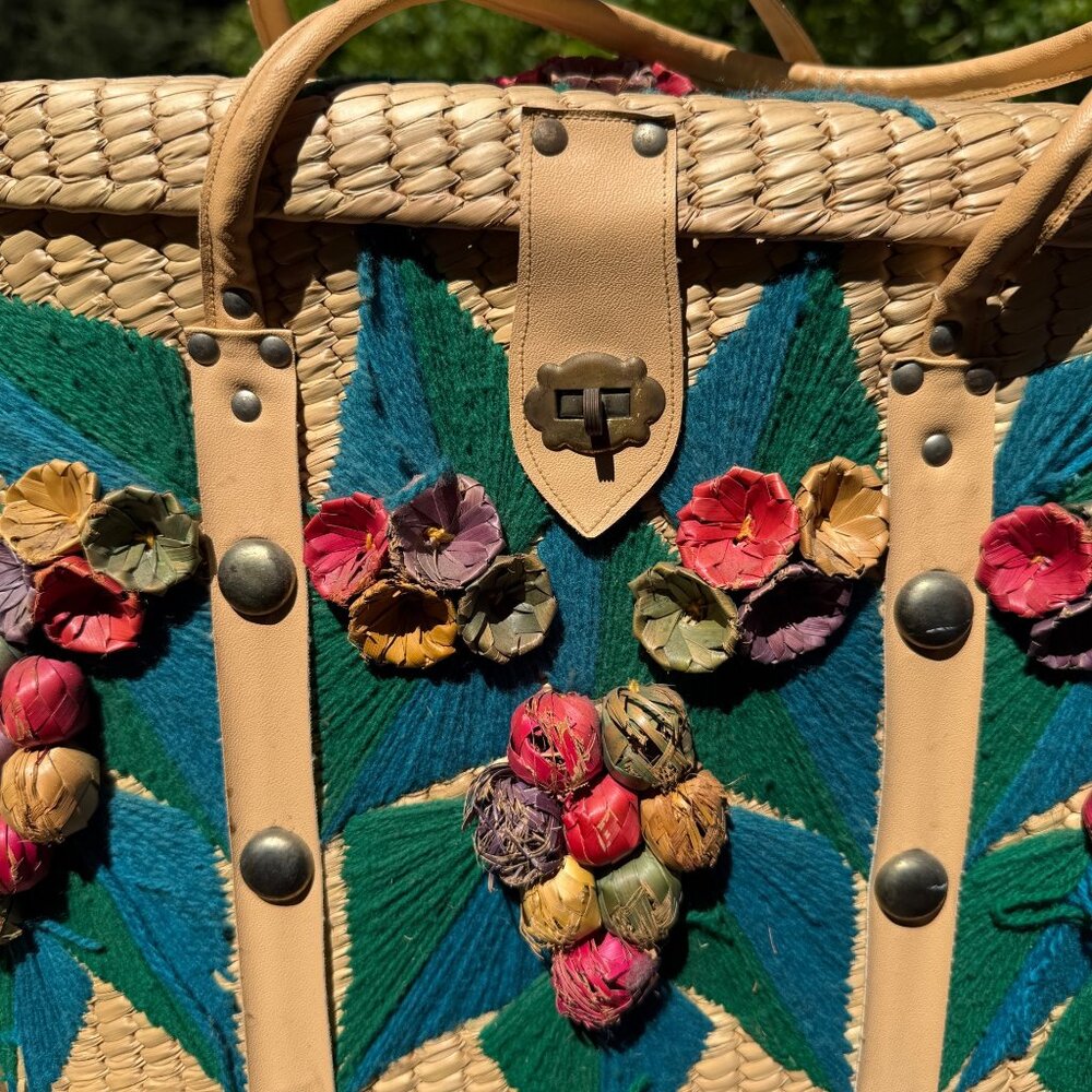 Vintage Woven Straw Tote Bag With Leather Straps & Floral Embroidery - Picture 2 of 8